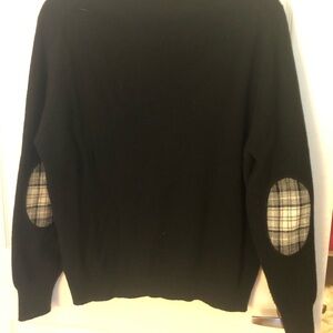 PRINGLE OF SCOTLAND Women’s Black Crewneck Sweater with Plaid Elbow Patches